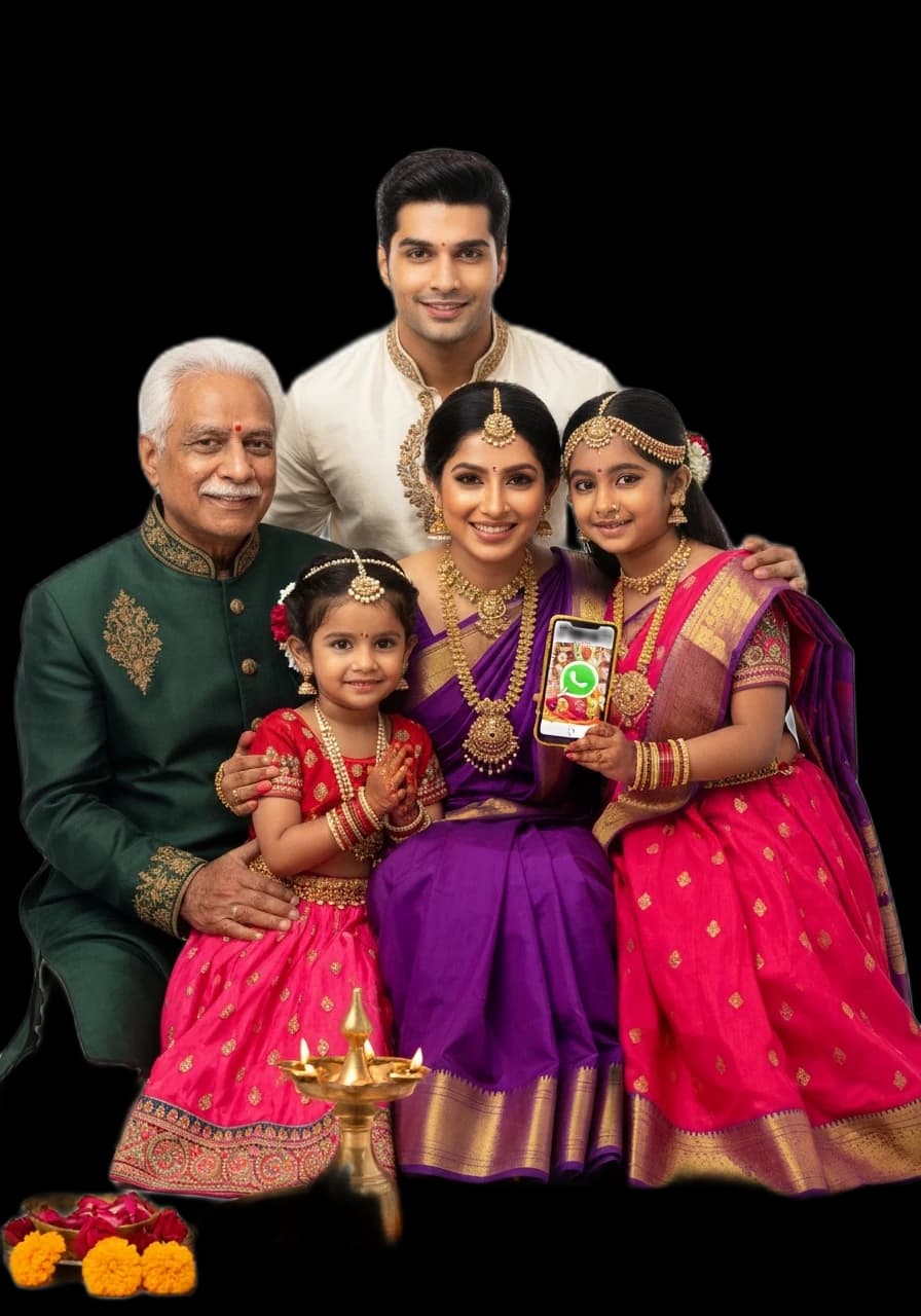 Family receiving puja video delivery on WhatsApp