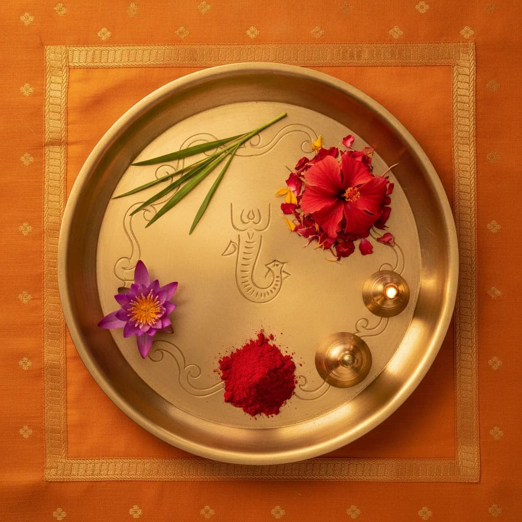 दूर्वा + लाल पुष्प + सिंदूर चढ़ावा
