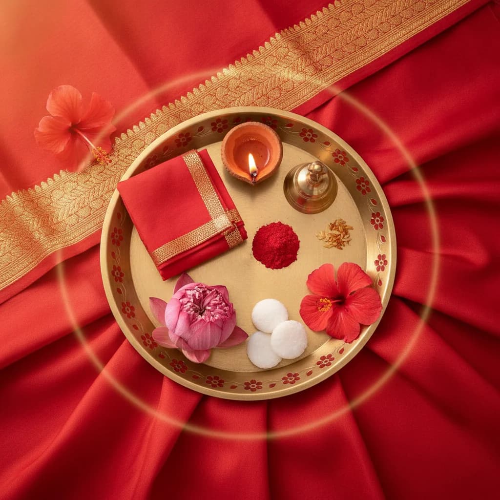 चुनरी + लाल पुष्प + कुमकुम + बतासा चढ़ावा