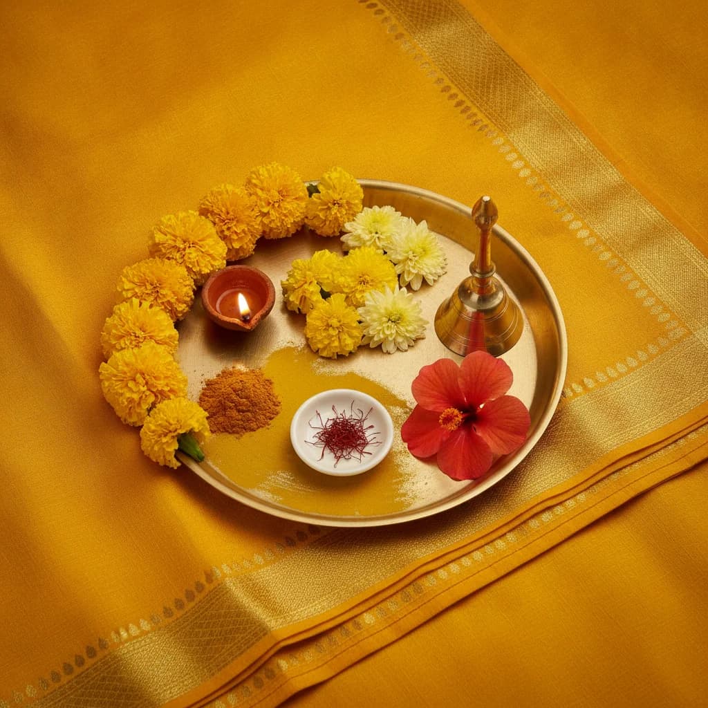 हल्दी + पीला पुष्प + केसर चढ़ावा