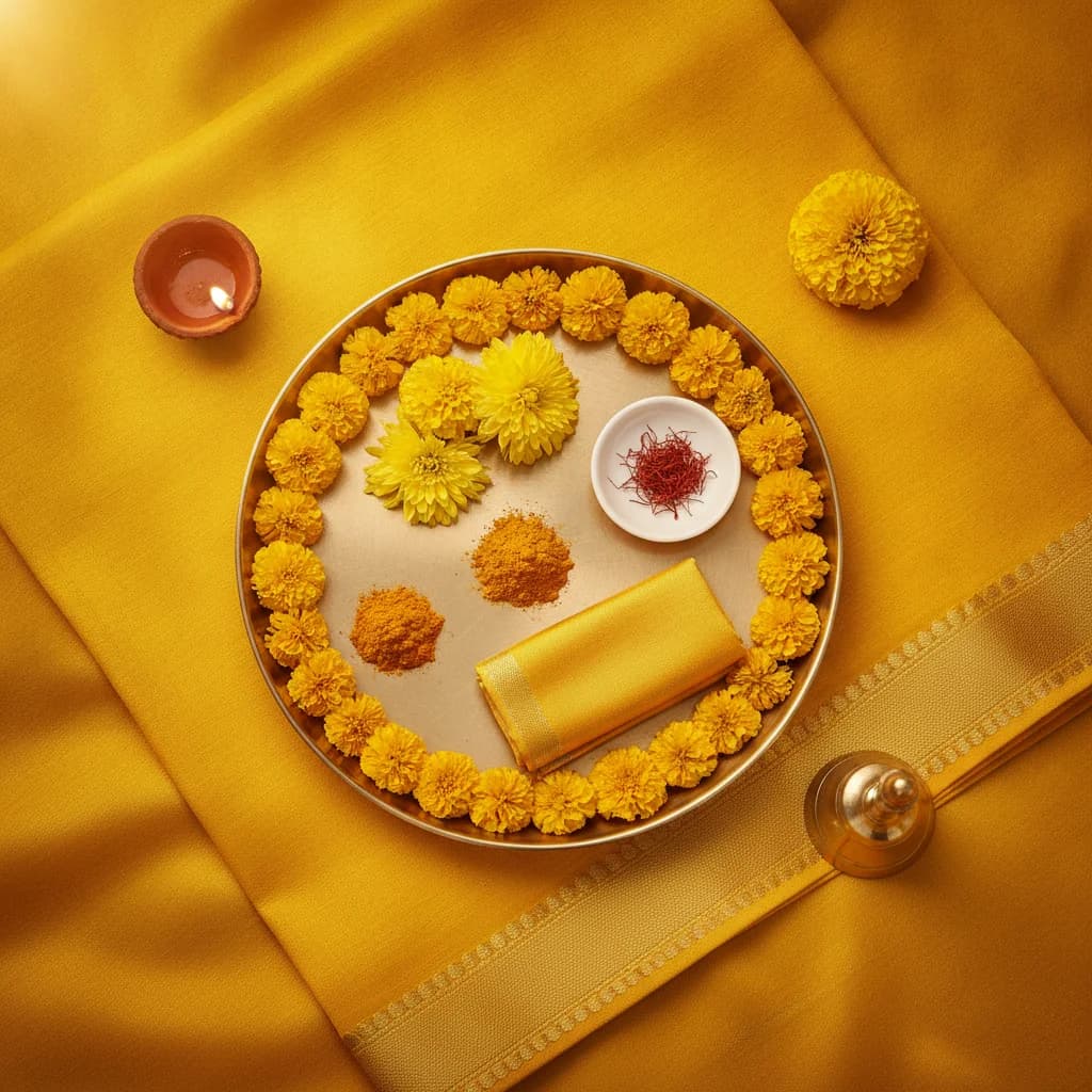 हल्दी + पीला पुष्प + केसर + पीतांबर चढ़ावा