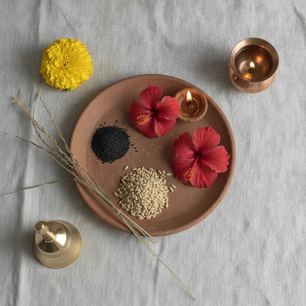 काला तिल + जौ + लाल पुष्प चढ़ावा