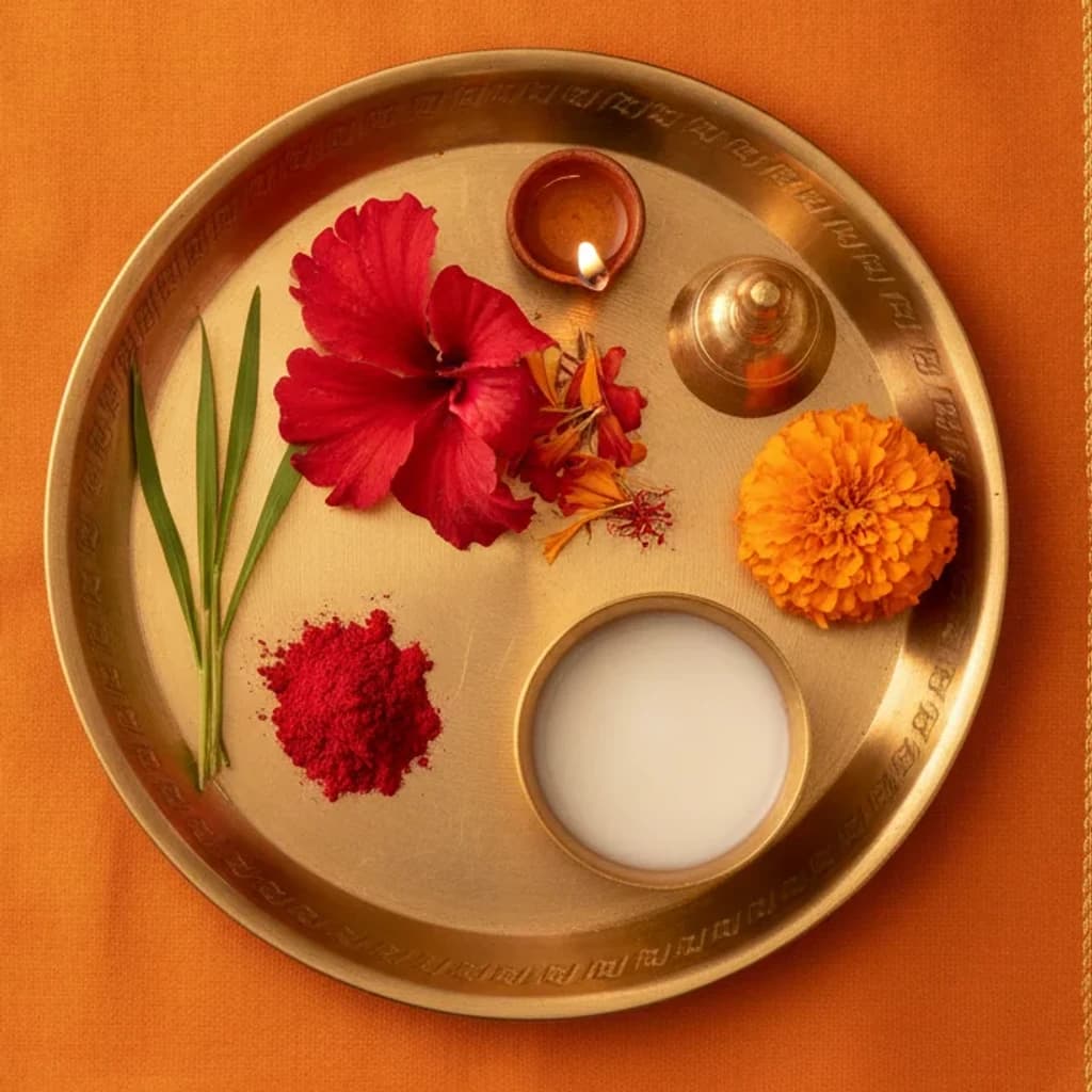 दूर्वा + लाल पुष्प + सिंदूर + पंचामृत चढ़ावा