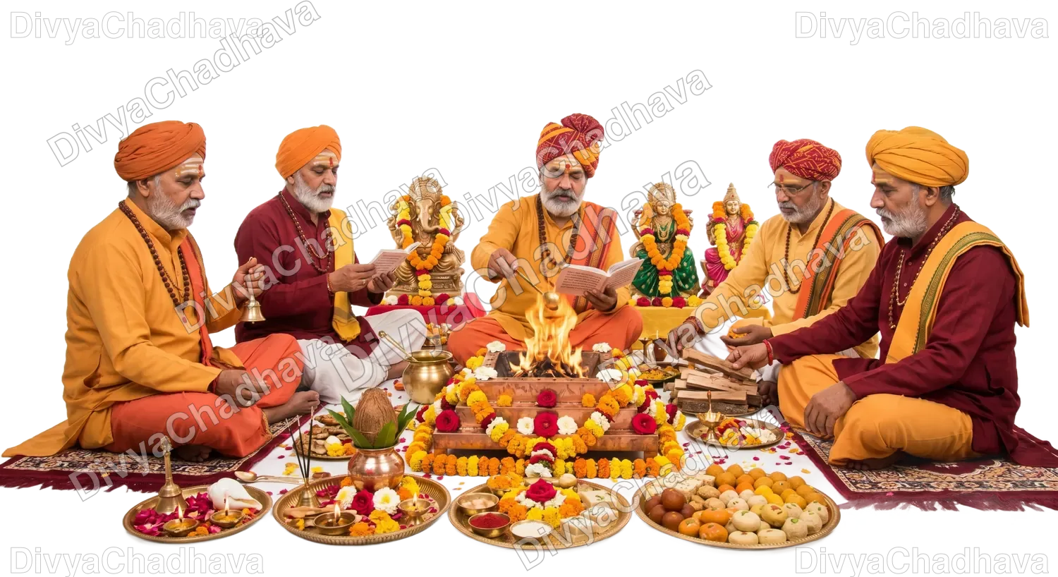 Experienced pandits performing a Vedic puja