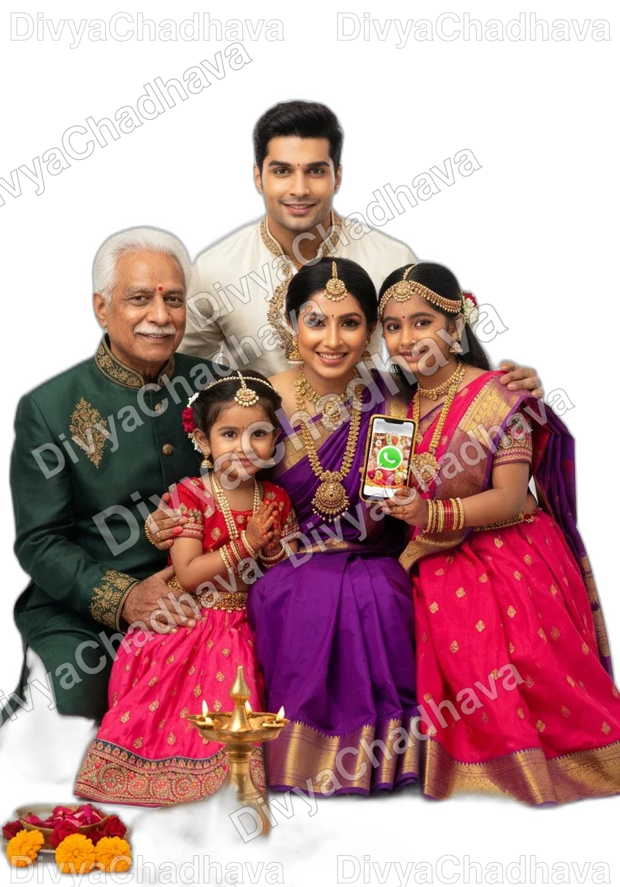 Family receiving puja video delivery on WhatsApp